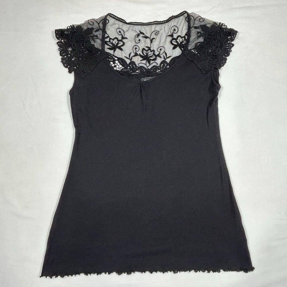 a.n.a Crochet Top Black PL Petite Large Sheer Ruffle Whimsygoth Fairy Grunge
